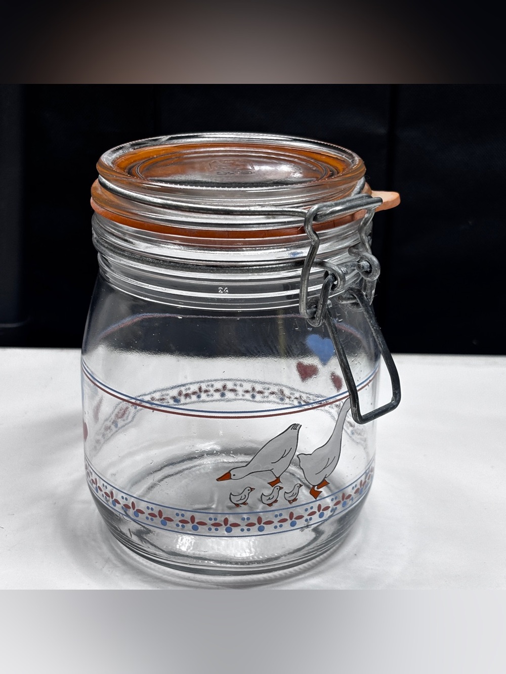 Vintage ARC France Glass Hinged Canister 3/4L Geese & Hearts 80s Country Pastel